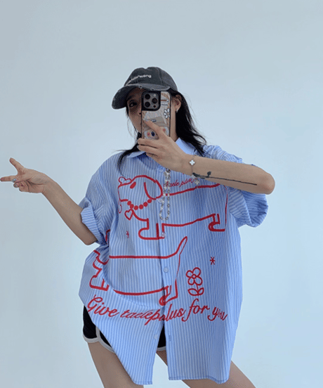 Dog Illustration Striped Oversized Shirt