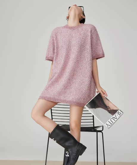 Puff Sleeve Shaggy Knit Mini Dress