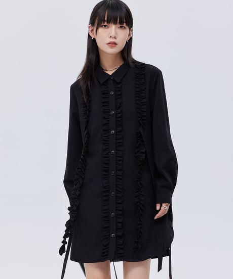 Small Frill Vertical Line Shirt Dress