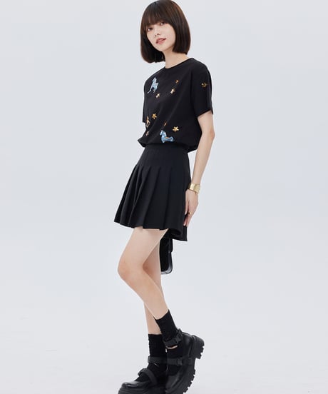 Playful Horse Motif Embroidered Short-Sleeve T-shirt