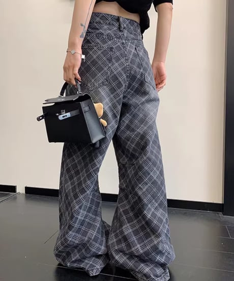 Plaid Pattern Wide Leg Denim Pants / 2colors