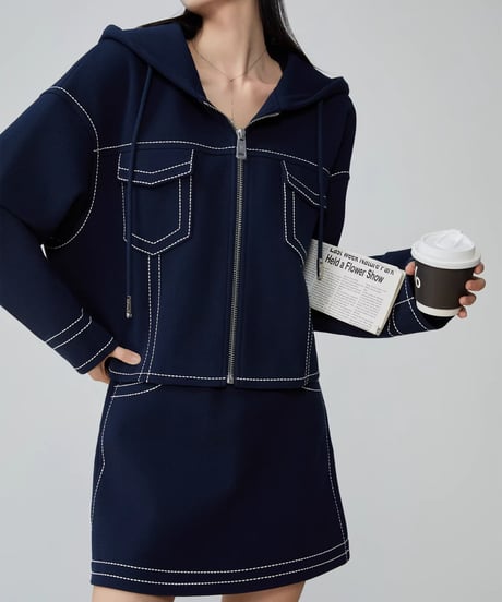 Stitch Design Denim-Style Hooded Jacket & Mini Skirt Set