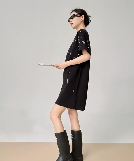 Rhinestone T-shirt Dress  / 2colors