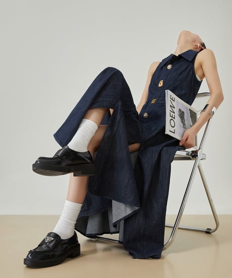 Gold Button Denim Sleeveless Dress