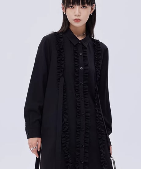 Small Frill Vertical Line Shirt Dress