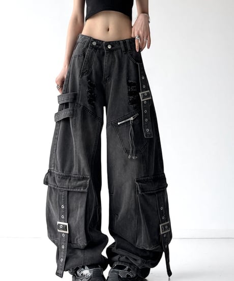 Damage Distressed Oversized Cargo Denim Pants / 2colors