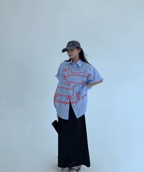 Dog Illustration Striped Oversized Shirt