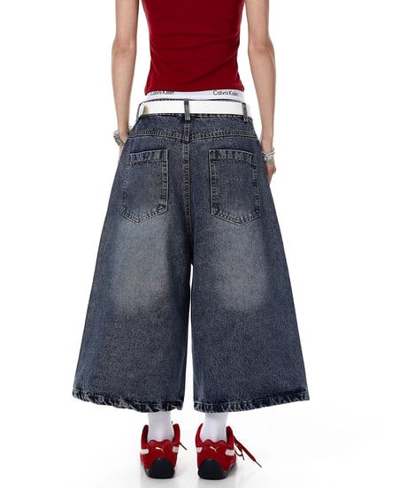 Rhinestone Washed Wide Denim Cropped Pants