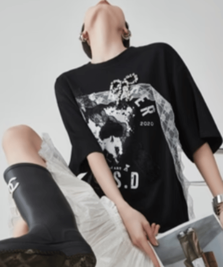 Graphic Print Lace Docking T-Shirt Mini Dress
