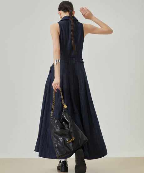 Gold Button Denim Sleeveless Dress