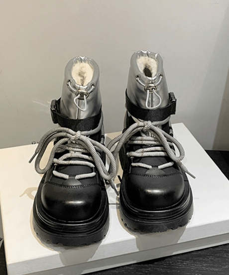 Platform Belted Lace-up Boots / 3colors