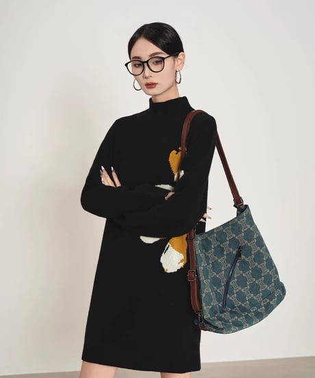 Big Flower Print Mock Neck Knit Mini Dress