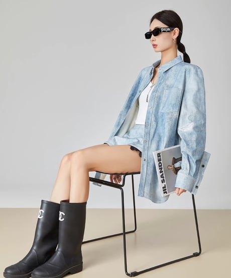 Light Denim Oversized Shirt & High-Waist Shorts Set