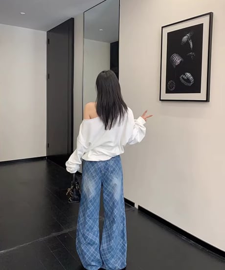 Plaid Pattern Wide Leg Denim Pants / 2colors