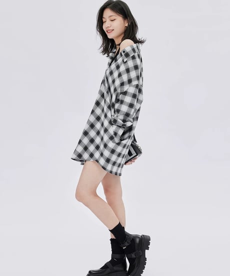 Off-Shoulder Plaid Shirt Dress
