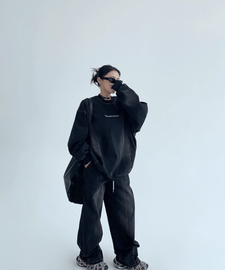 Vintage-Washed Sweat Denim Set  / 2colors