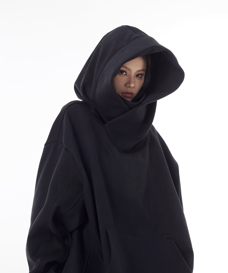 High-Neck Oversized Hooded Sweatshirt with Voluminous Hood / 2colors