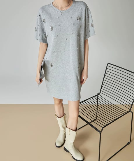 Rhinestone T-shirt Dress  / 2colors