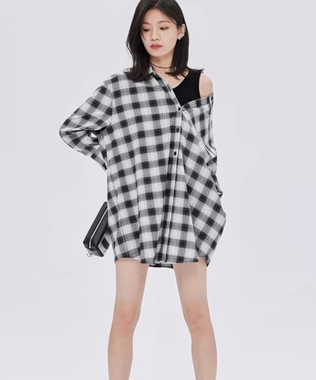 Off-Shoulder Plaid Shirt Dress