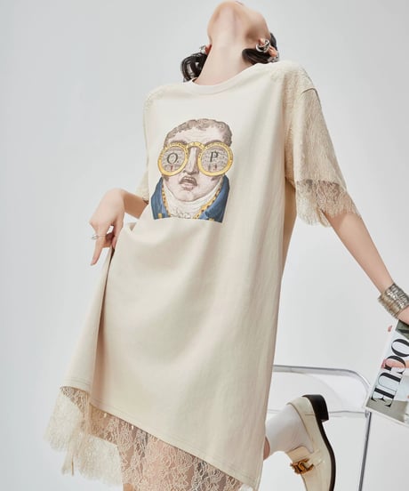 Artistic Graphic Lace Trim T-Shirt Dress