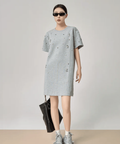 Crystal Bijou Mini T-Shirt Dress / 2colors