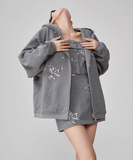 Flower Embroidery Hoodie, Mini Skirt, and Vest
