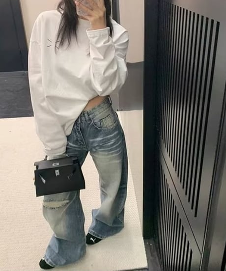 Vintage-Wash Distressed Wide-Leg Denim Pants / 2colors