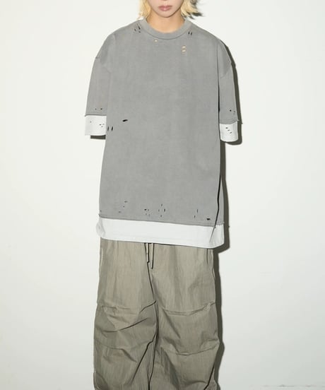 Layered Damage Processed Oversized T-shirt / 2colors