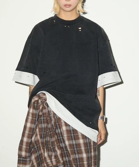 Layered Damage Processed Oversized T-shirt / 2colors