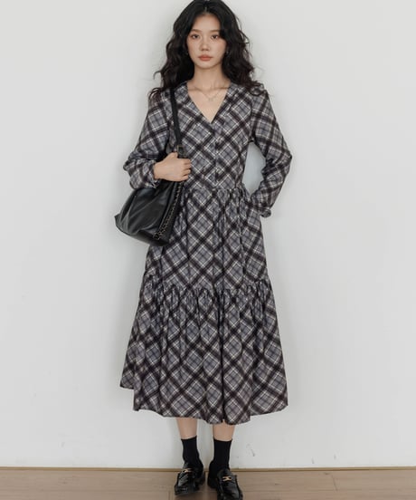 Check Tiered Long Onepiece  / 3colors