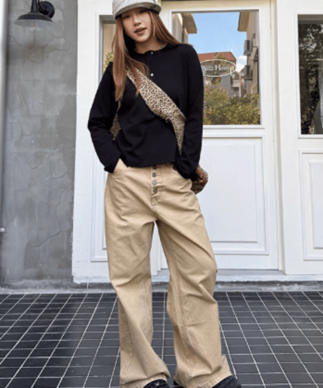 Retro High-Waisted Button Wide Pants  / 2colors
