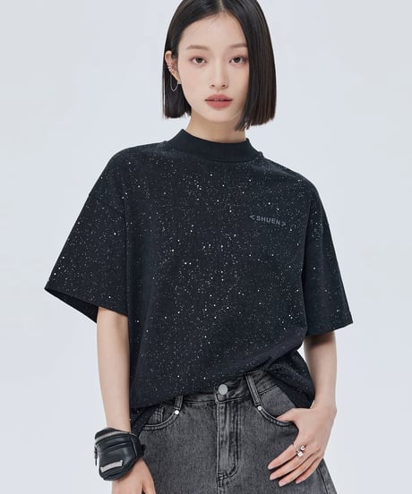 Sequin Mock Neck Short-Sleeve T-Shirt