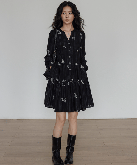 Flower Embroidery Sheer Tiered Dress