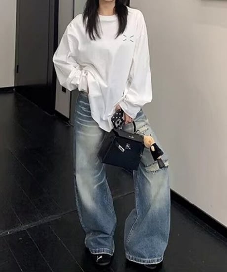 Vintage-Wash Distressed Wide-Leg Denim Pants / 2colors