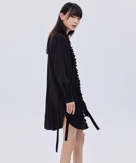 Small Frill Vertical Line Shirt Dress