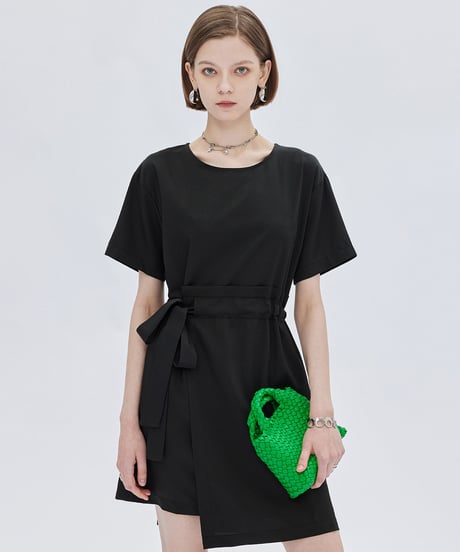 Round Neck Waist Ribbon Mini Dress