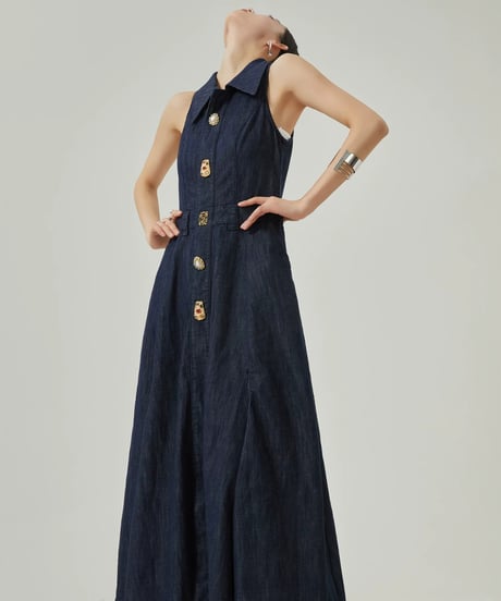 Gold Button Denim Sleeveless Dress