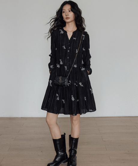 Flower Embroidery Sheer Tiered Dress