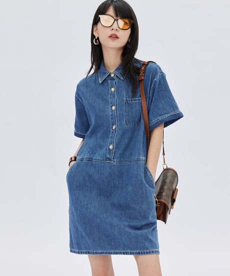 Polo Collar Denim Shirt Dress