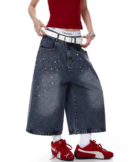 Rhinestone Washed Wide Denim Cropped Pants