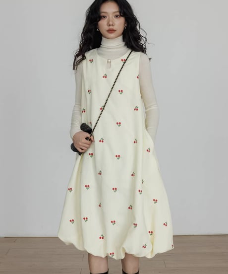 Cherry Embroidery Balloon Onepiece