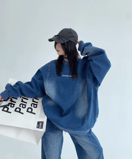 Vintage-Washed Sweat Denim Set  / 2colors