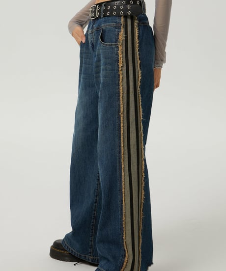 Side Stripe Fringe Wide Denim Pants