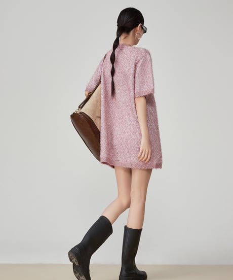 Puff Sleeve Shaggy Knit Mini Dress