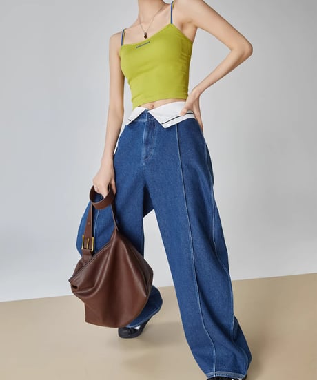 Fold Waist Wide Denim Pants