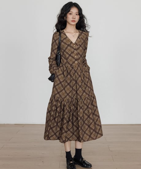 Check Tiered Long Onepiece  / 3colors