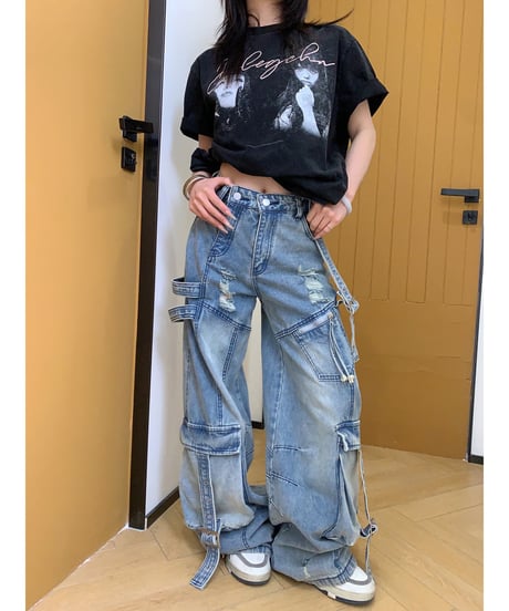 Damage Distressed Oversized Cargo Denim Pants / 2colors