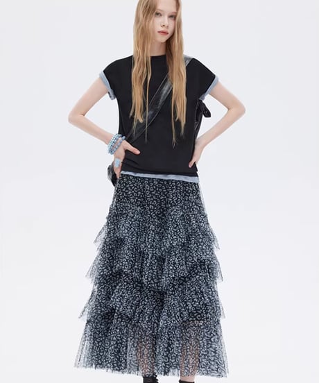 Flower Mesh Tiered Long Skirt
