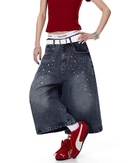 Rhinestone Washed Wide Denim Cropped Pants