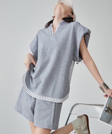 Layered Stripe Key Neck Top & Shorts Set